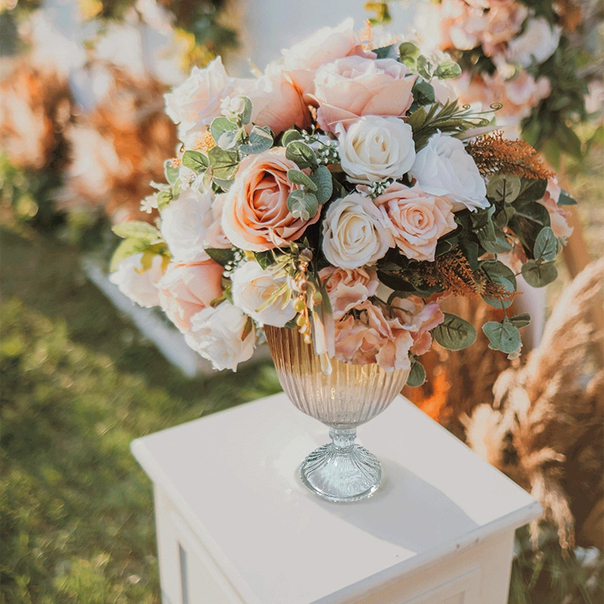 Golden Ribbed Pedestal 9" Glass Vase